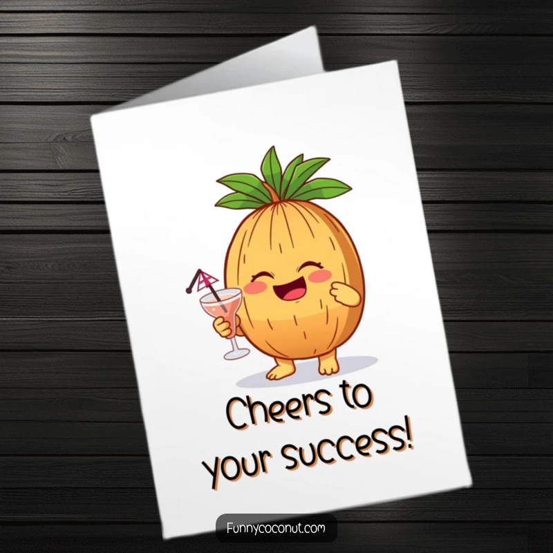 Funny Free Printable Congratulations Card: A coconut giggles, holding a tiny cocktail with an umbrella, celebrating success with a downloadable, print-at-home vibe.