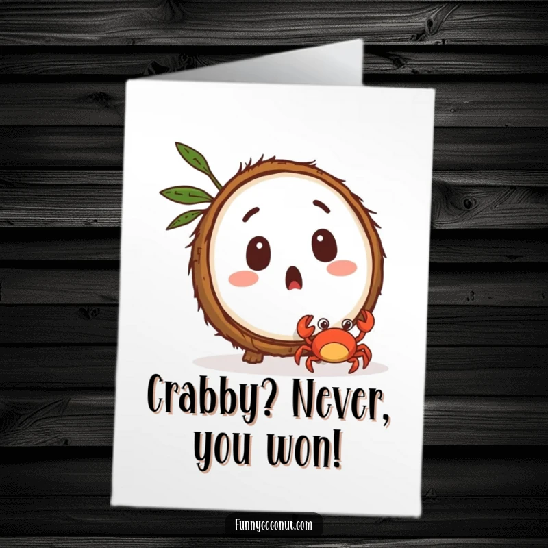 Funny Free Printable Congratulations Card: A surprised coconut observes a tiny crab quickly scuttling away, signifying unexpected wins.