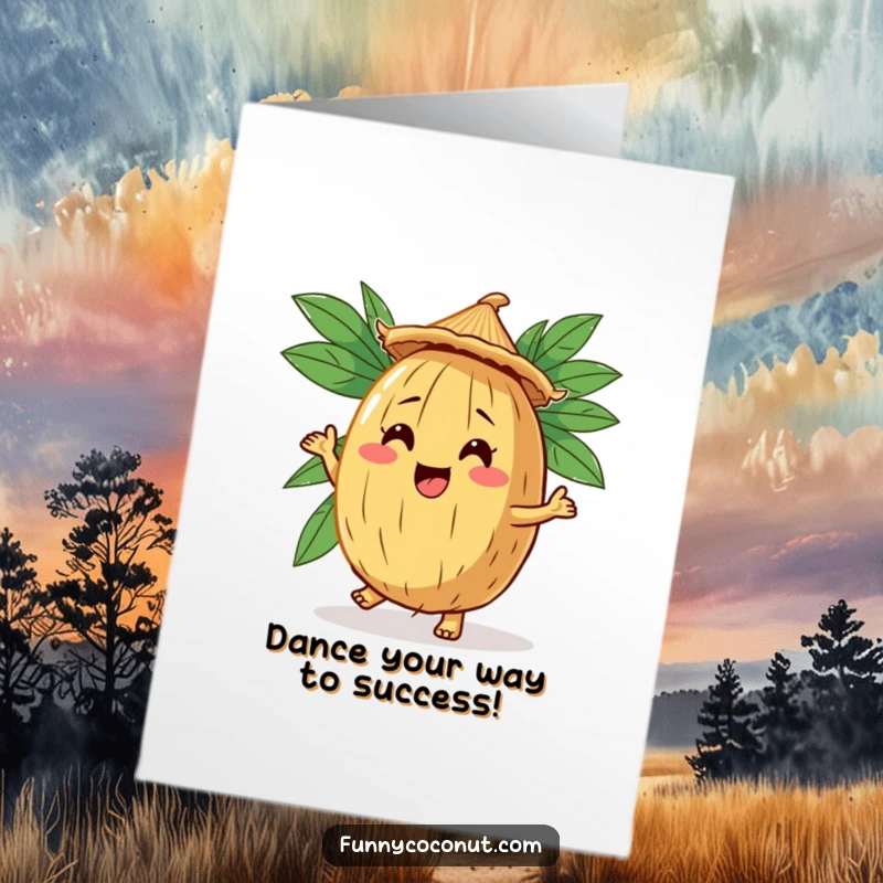Funny Free Printable Coconut Congratulations Card: Comical coconut character in a straw hat doing a jig, celebrating success.