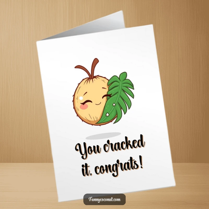 Funny Free Printable Congratulations Card: A winking coconut holding a huge palm leaf, celebrating a fantastic accomplishment.