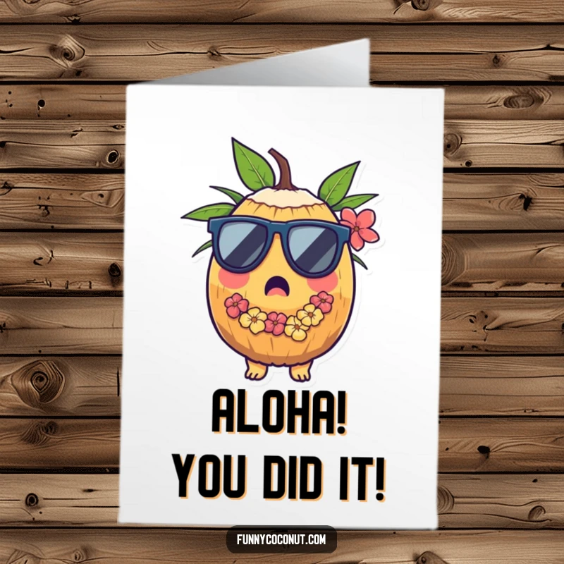 Funny Free Printable Congratulations Card showing a surprised coconut with sunglasses and lei, a fun downloadable message.