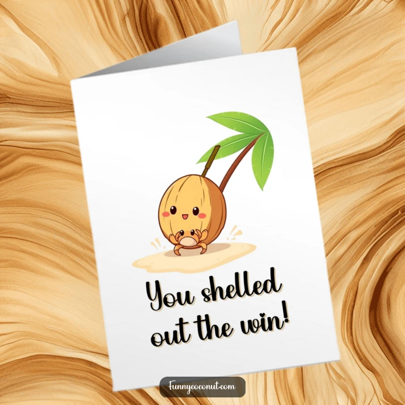 Funny Free Printable Congratulations Card: A coconut in a race against a tiny crab on the sand, celebrating victory.