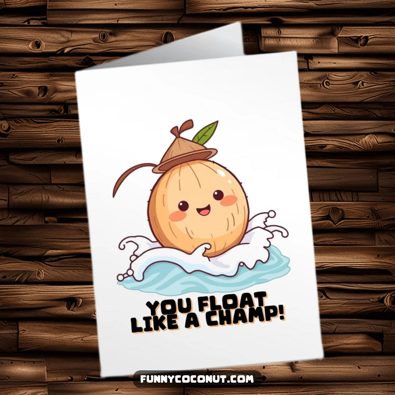 Funny Free Printable Congratulations Card: A happy coconut in a small hat bobs on a wave, celebrating good news.