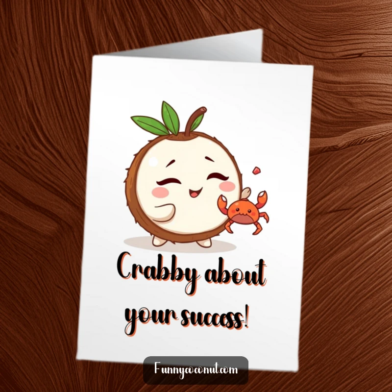 Funny Free Printable Congratulations Card: A mischievous kawaii coconut winking and tossing a small crab, celebrating success playfully.