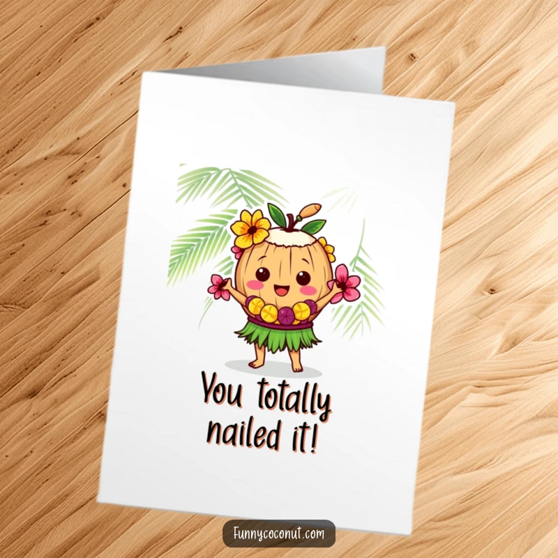 Funny Free Printable Congratulations Card: A festive coconut in a lei dances joyfully, celebrating any milestone with downloadable, print-at-home charm.