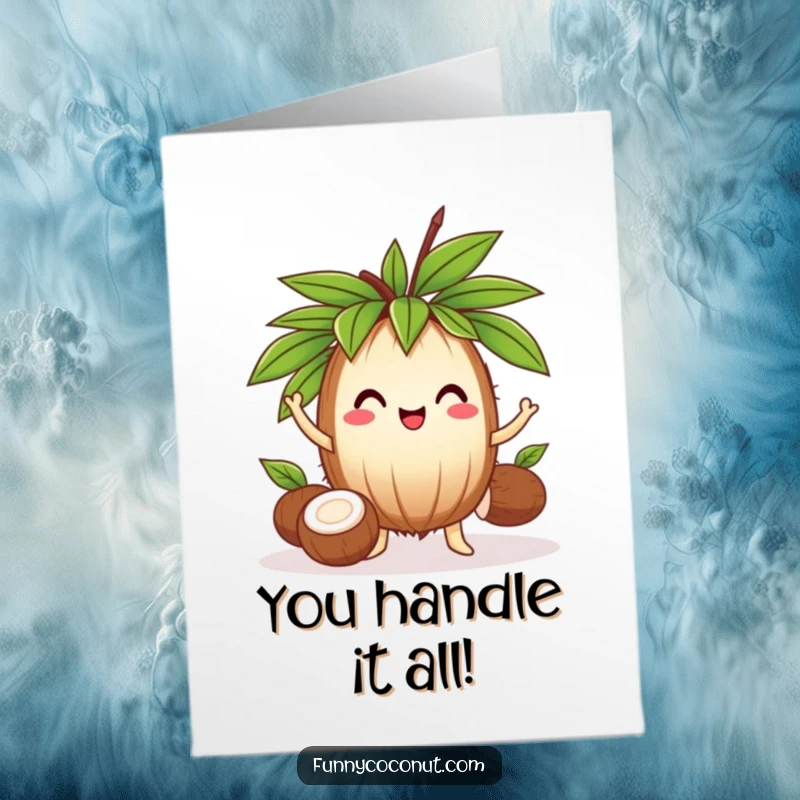 Funny Free Printable Congratulations Card: A happy coconut wearing a leafy crown juggles three smaller coconuts with ease.