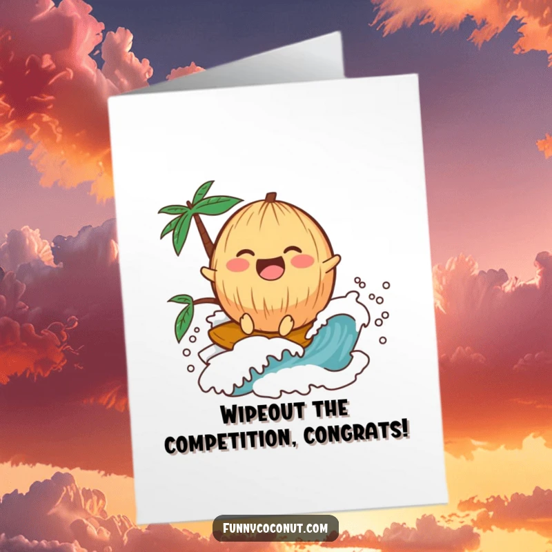 Funny Free Printable Congratulations Card: Kawaii Coconut Laughing While Riding a Tiny Wave, Exciting Achievement, Joyful Vibes