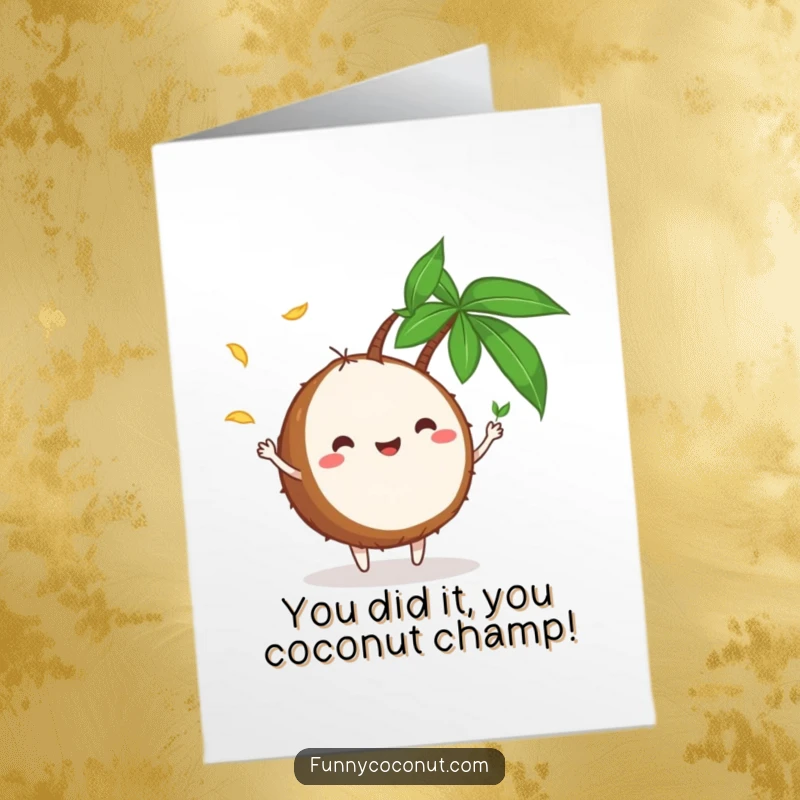 Free Printable Congratulations Card: Amusing coconut character joyfully juggling tiny palm leaves, celebrating a win.