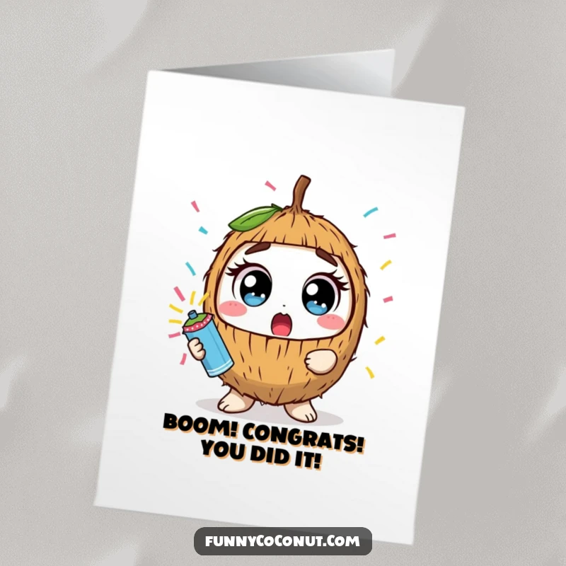 Funny Free Printable Congratulations Card: Wide-Eyed Coconut Holding Confetti Popper, Surprised Celebration, Festive Burst