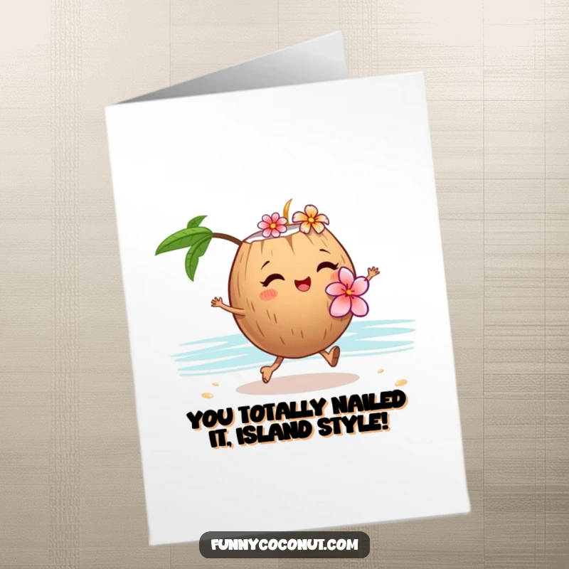Funny Free Printable Congratulations Card: A winking coconut with a tropical flower lei skipping happily on the beach.