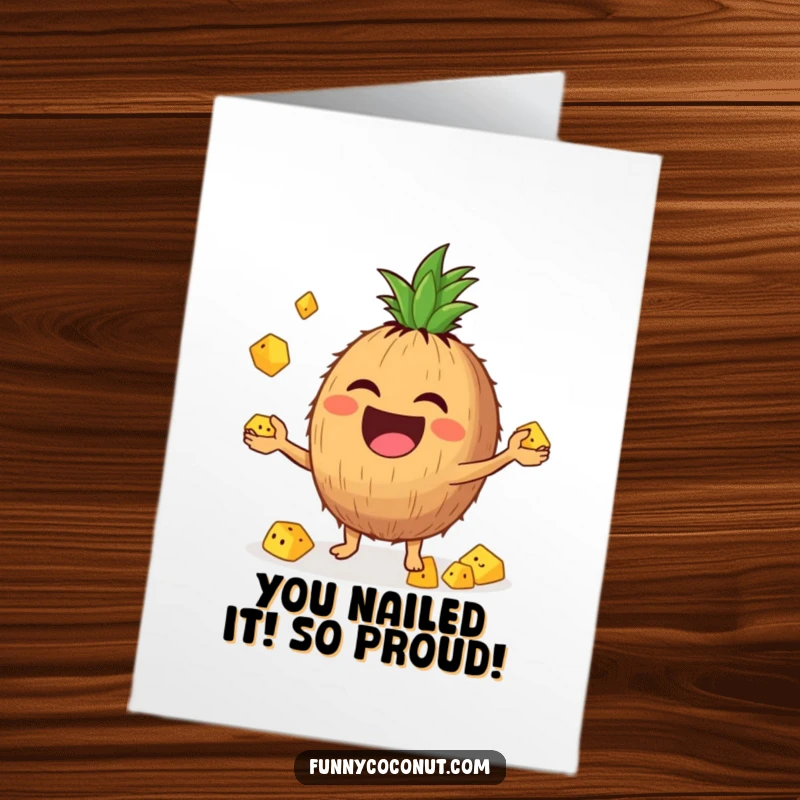 Funny Free Printable Congratulations Card: A delighted coconut gleefully juggling tiny pineapple chunks, celebrating a fantastic win.