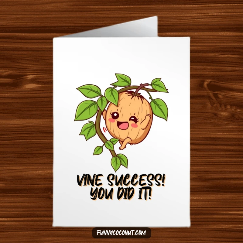 Funny Free Printable Congrats Card: Determined coconut character scaling a vine with great effort, a triumphant downloadable message.