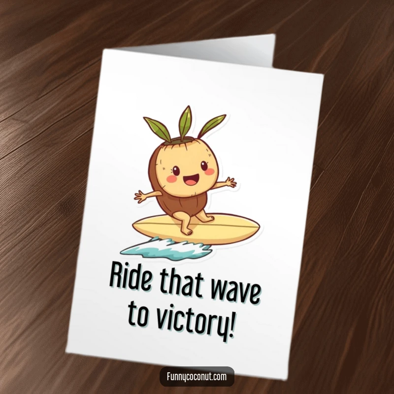 Funny Free Printable Congratulations Card: Playful coconut character riding a seashell surfboard, celebrating a triumphant victory with flair.