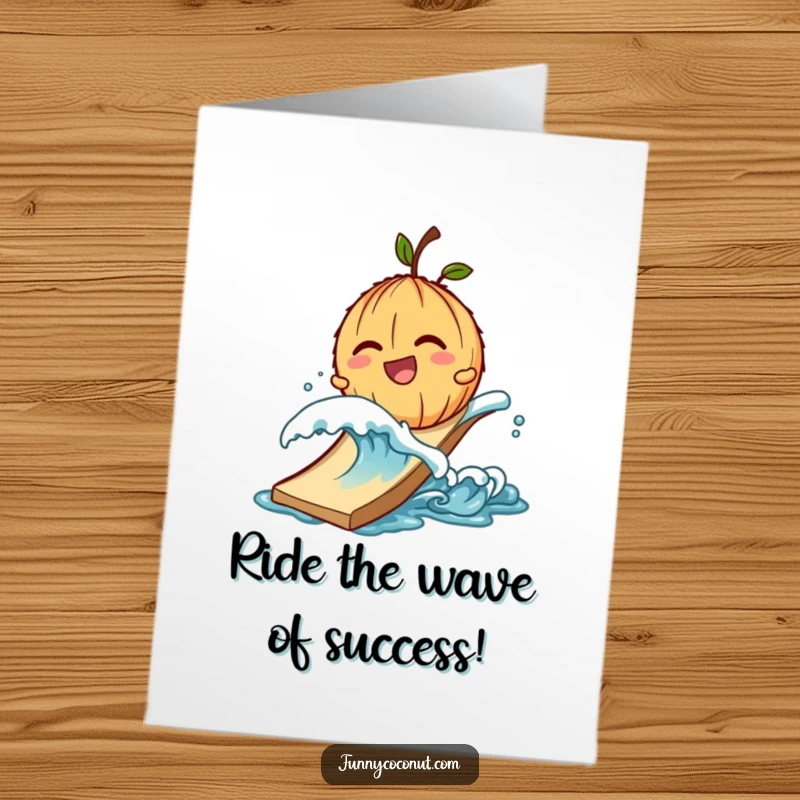 Funny Free Printable Congratulations Card: Giggling coconut character pushed by wave down slide, tropical fun, print at home.