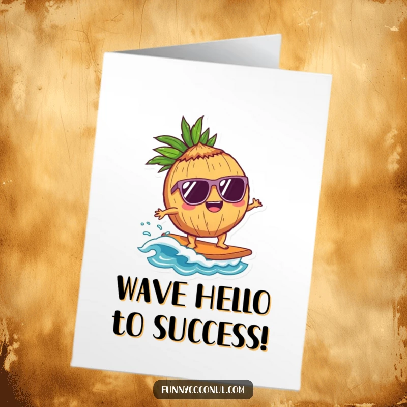 Funny free printable congratulations card of a coconut in sunglasses surfing a tiny wave, embodying triumphant cool.