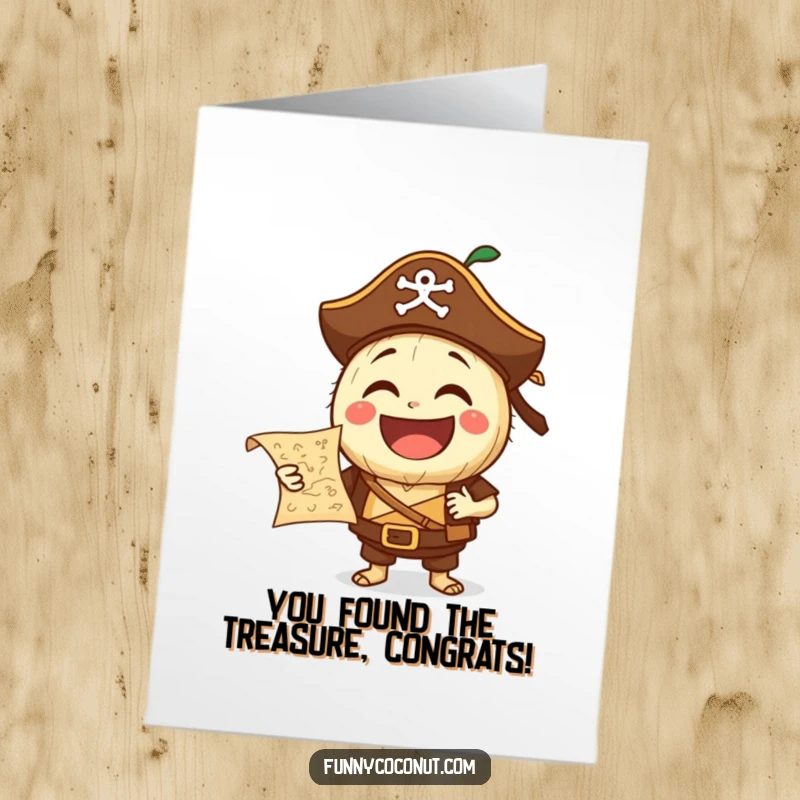 Funny free printable congratulations card of a pirate coconut holding a treasure map, celebrating a grand success.