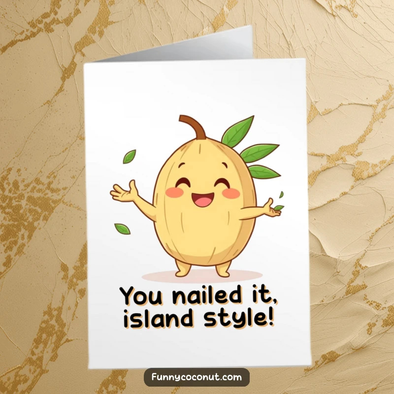 Funny free printable congratulations card: A smiling coconut character gleefully juggles tiny palm leaves, celebrating success.