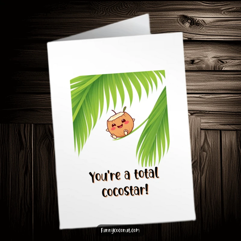 Funny Free Printable Congratulations Card: A smiling coconut happily slides down a palm frond, cheering on success.