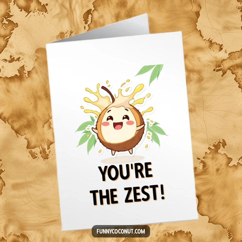 Funny Free Printable Coconut Congratulations Card: Happy coconut character bursting with juice, celebrating success with a refreshing downloadable design.