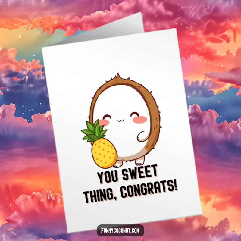Funny Free Printable Congratulations Card: A blushing coconut offering a pineapple, a sweet congratulations.