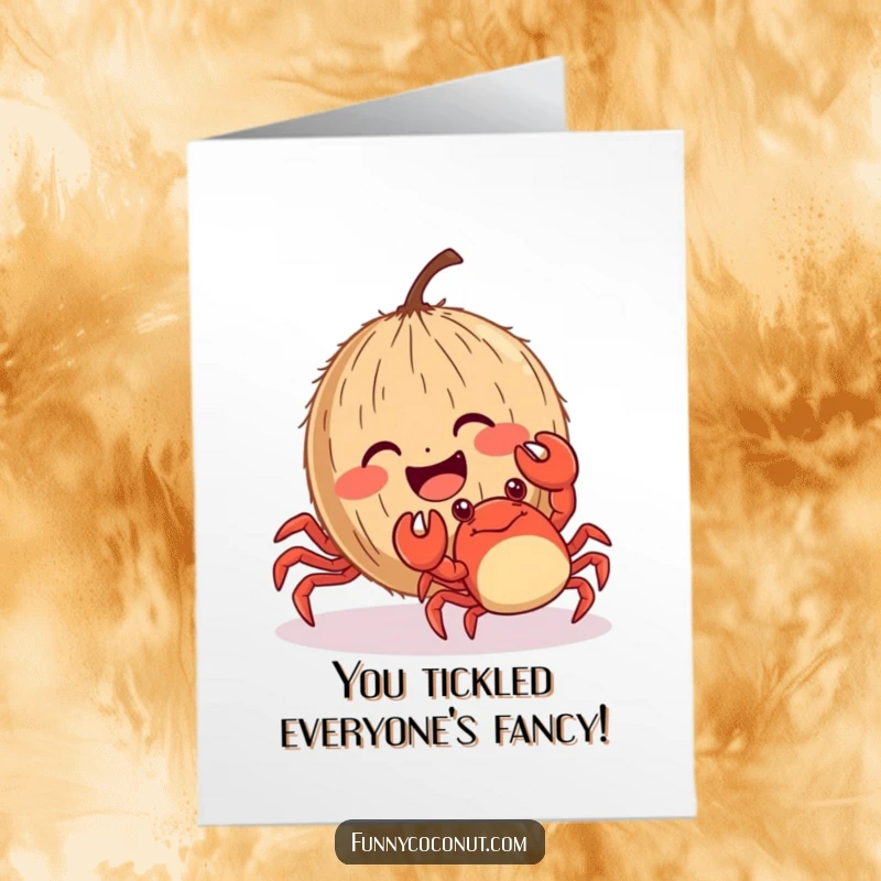 Funny Free Printable Congratulations Card: A coconut giggles as a crab tickles its rosy cheeks, pure delight.