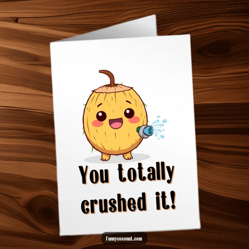 Funny Free Printable Congratulations Card: A happy coconut joyfully sprays water from a small hose, celebrating a big achievement.