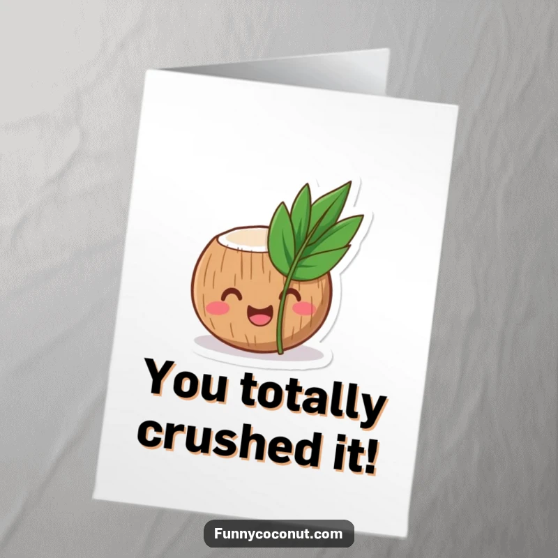 Funny Free Printable Congratulations Card: Coconut Character Laughing Behind Leaf