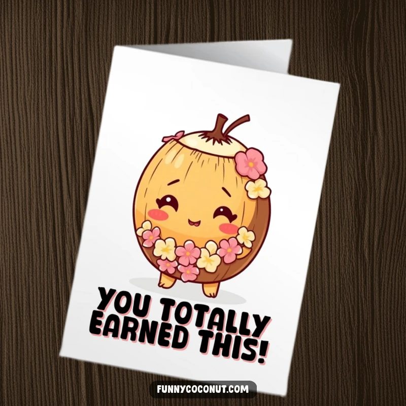 Funny Free Printable Congratulations Card: A bewildered coconut wearing a tiny lei, celebrating an achievement with mild confusion.