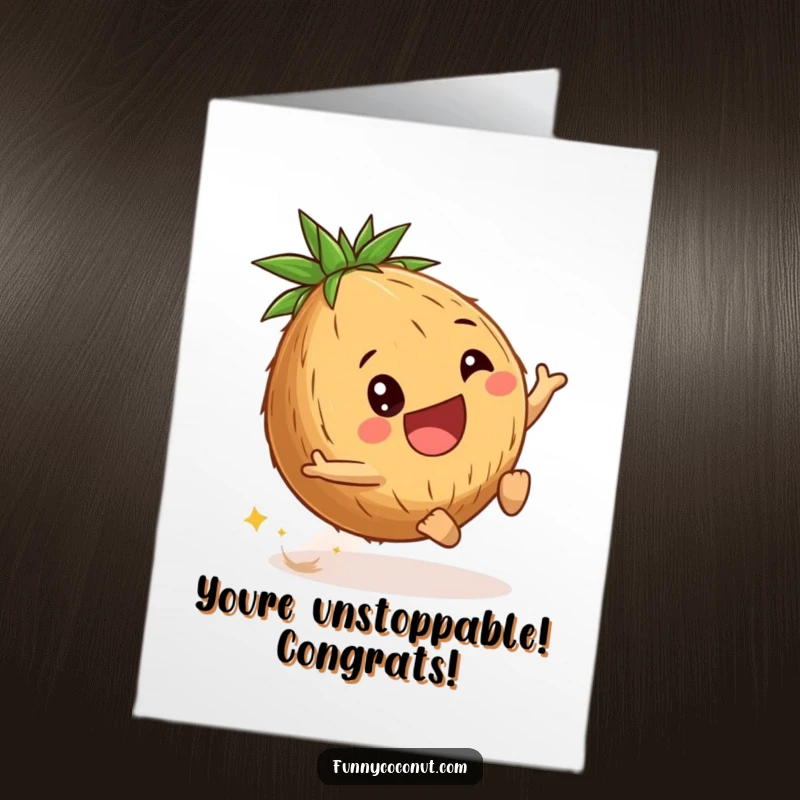 Funny Free Printable Coconut Congratulations Card: Delighted young coconut rolling downhill, celebrating new achievements.