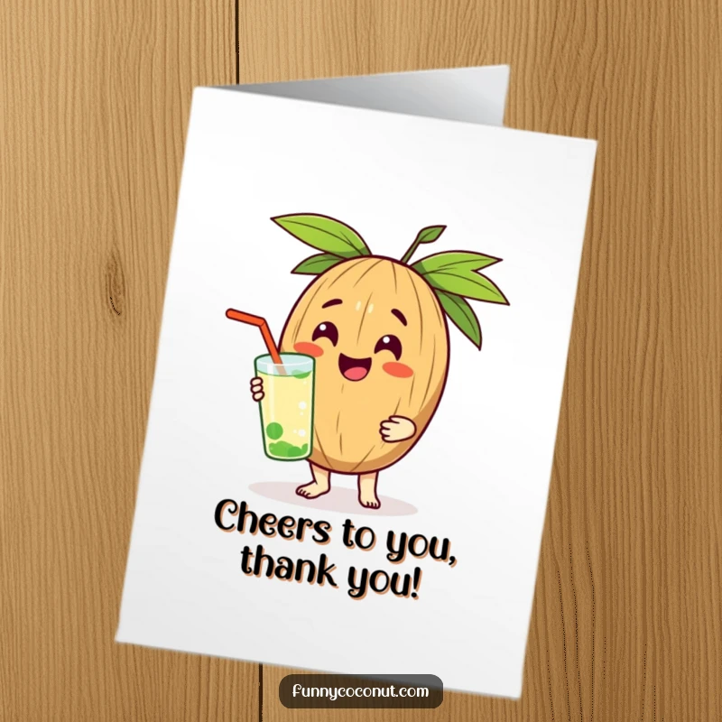 Funny Free Printable Thank You Card: Cheerful coconut character offers a cool drink as a thankful gift, spreading refreshment.