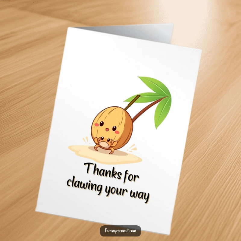 Funny Free Printable Thank You Card: A coconut racing a tiny crab on the sand, sending thanks with speed.