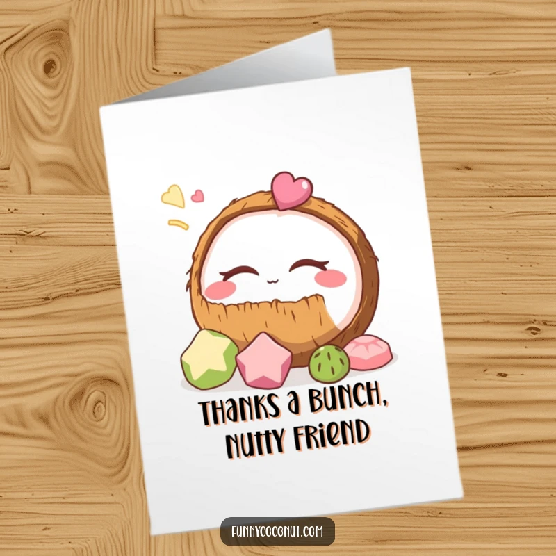 Funny Free Printable Thank You Card: A happily dreaming coconut with eyes closed, desiring yummy treats. Downloadable humor.