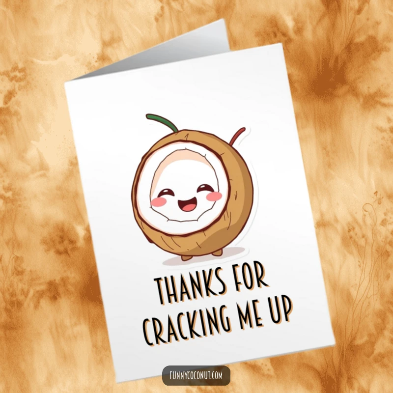 Funny Free Printable Thank You Card featuring a giggling coconut splitting open with joy, a humorous downloadable thank you.