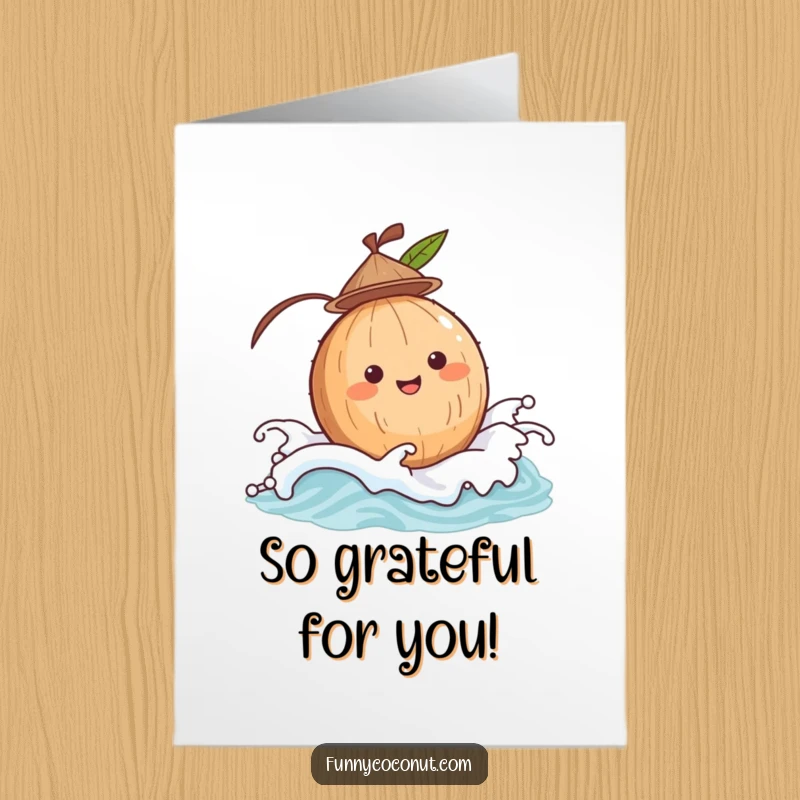 Funny Free Printable Thank You Card: A cheerful coconut with a tiny hat bobs playfully on a gentle water wave.