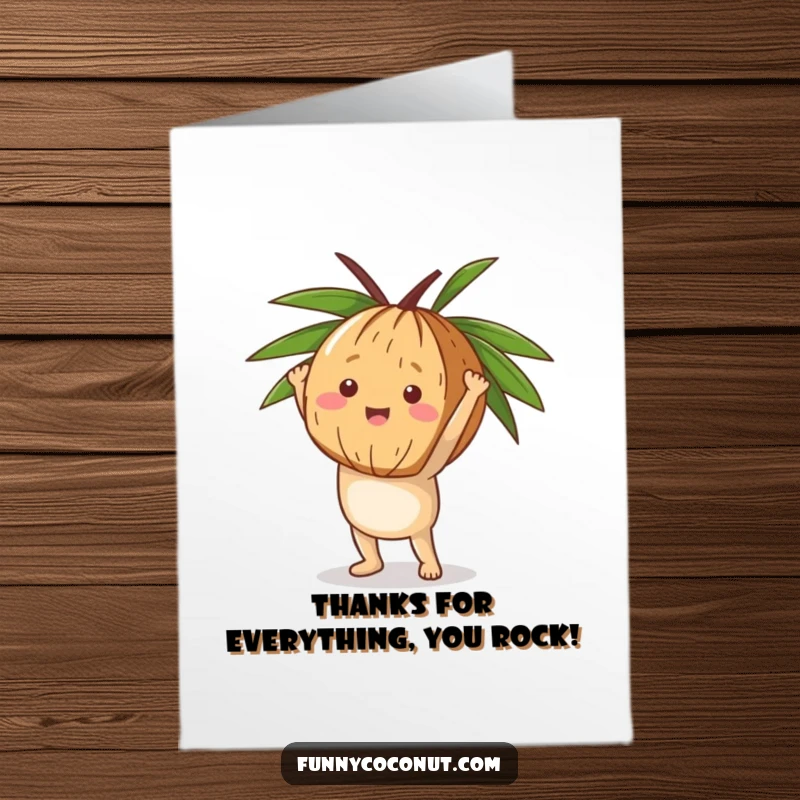 Funny free printable thank you card: a happy coconut is doing a handstand with its husk, looking cheerful.