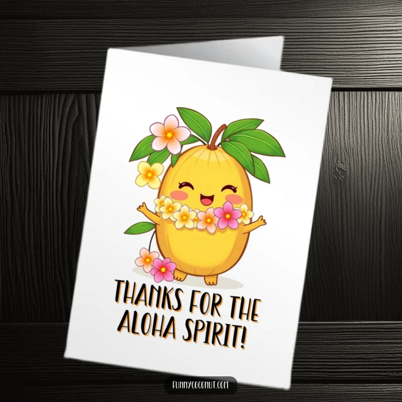 Funny Free Printable thank you card showing a delighted coconut character offering a flower lei, conveying heartfelt thanks with a tropical smile.