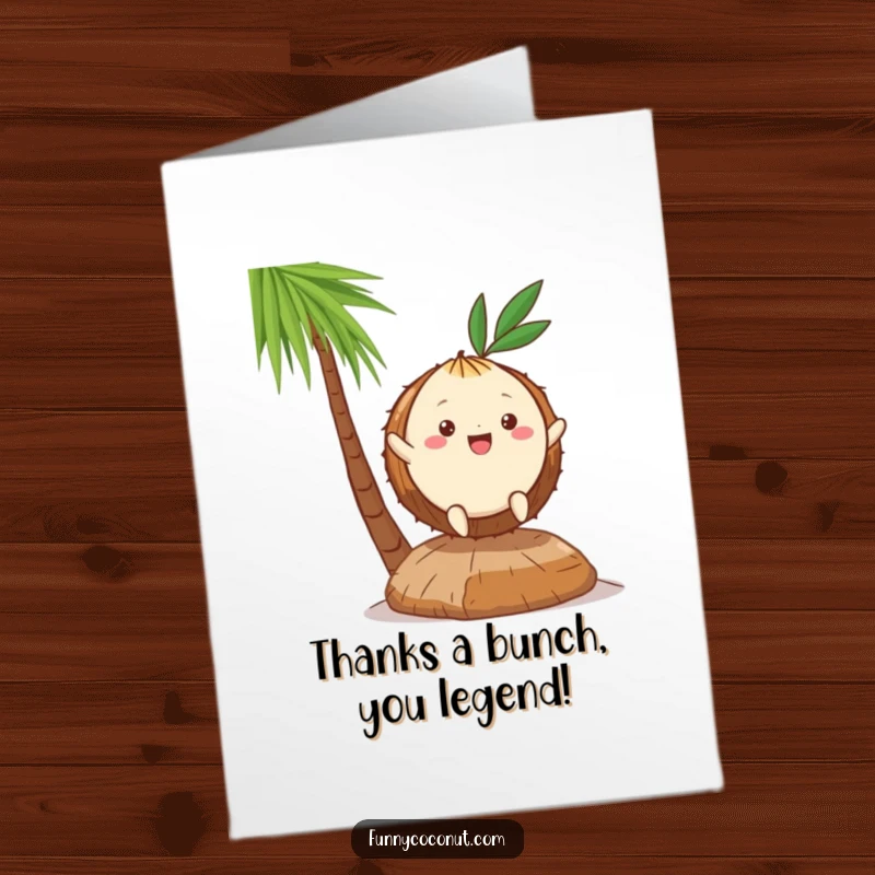 Funny Free Printable Thank You Card: A cheerful kawaii coconut hopping with gratitude, perfect for saying thanks.