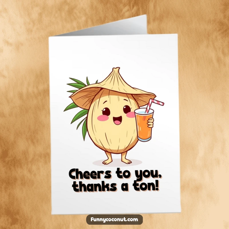 Funny Free Printable Thank You Card: Adorable kawaii coconut wearing a straw hat, serving a drink with a big smile to show thanks.