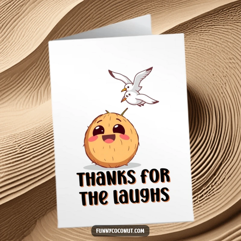 Funny Free Printable Thank You Card: An amused coconut with big eyes watches a seagull fly overhead, conveying thanks.
