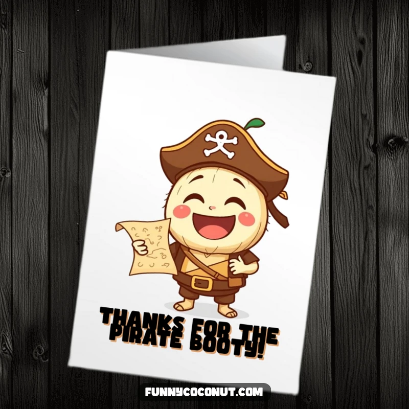 Funny free printable thank you card of a laughing pirate coconut holding a tiny treasure map, conveying thanks.
