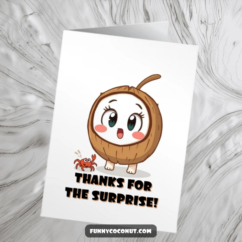 Funny Free Printable Thank You Card: A coconut with huge eyes is surprised by a tiny crab, a humorous, downloadable, print-at-home thank you.