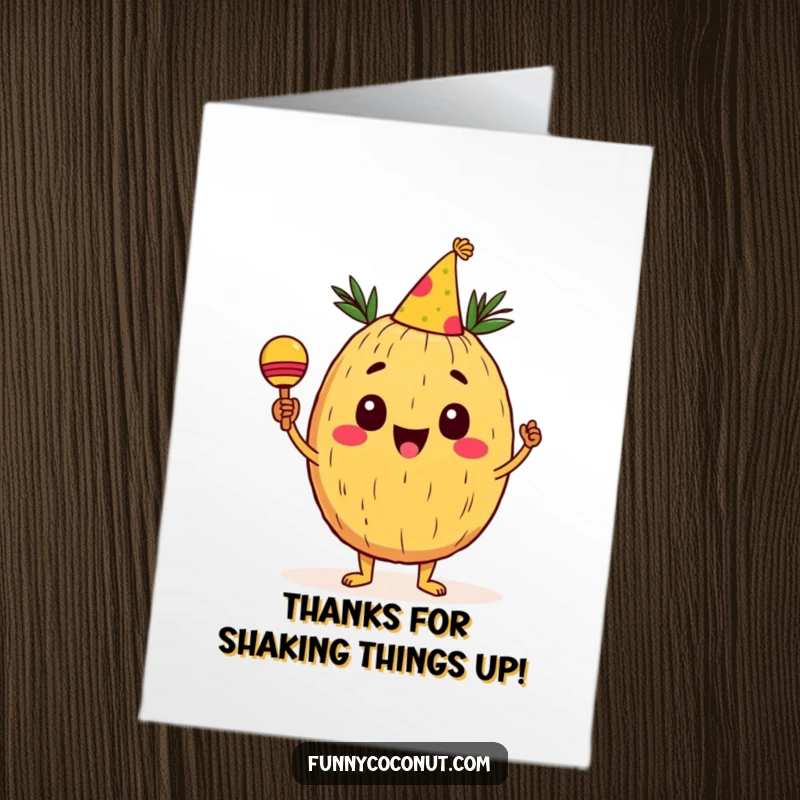 Funny free printable thank you card with a happy coconut in a party hat shaking maracas, expressing festive gratitude.