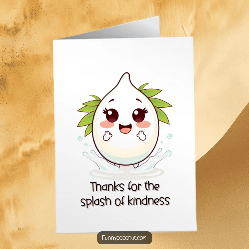 Funny Free Printable Thank You Card: a playful coconut water droplet character making tiny splashes, symbolizing gratitude.