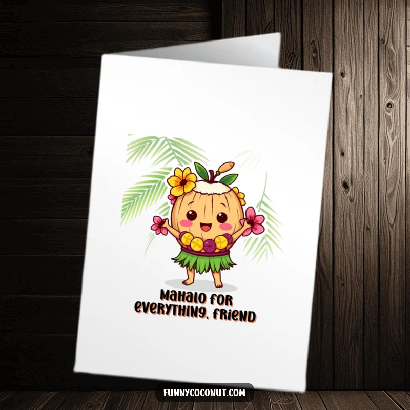 Funny Free Printable Thank You Card showcasing a happy coconut character doing the hula, a delightful and downloadable gesture of gratitude.