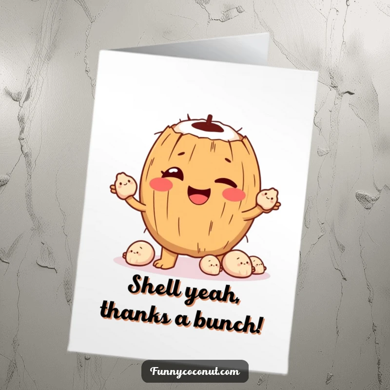 Funny Free Printable Thank You Card: A winking coconut juggles happy seashells, sending a breezy thank you your way.