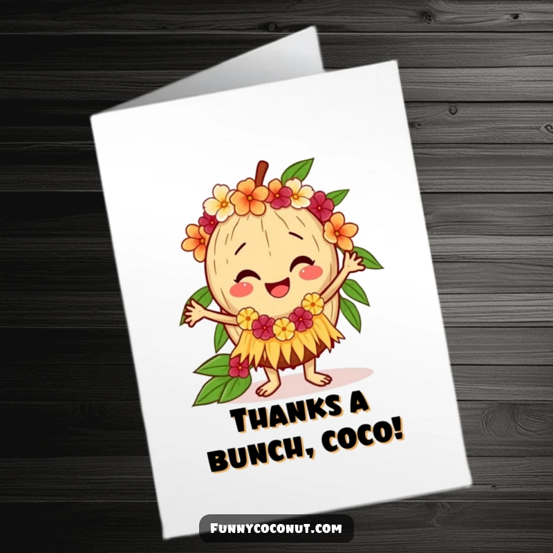 Funny Free Printable Coconut Thank You Card: Happy coconut hula dancing, a tropical way to say thank you.