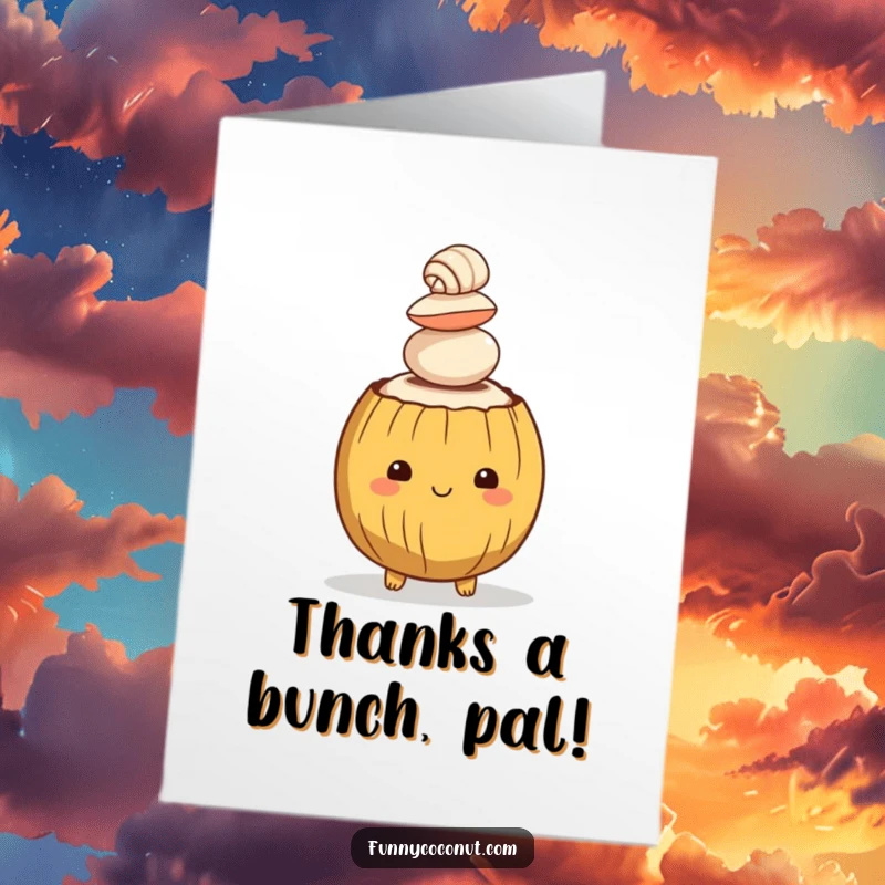 Funny Free Printable Thank You Card: Coconut character balancing seashells, a humorous way to say thanks.