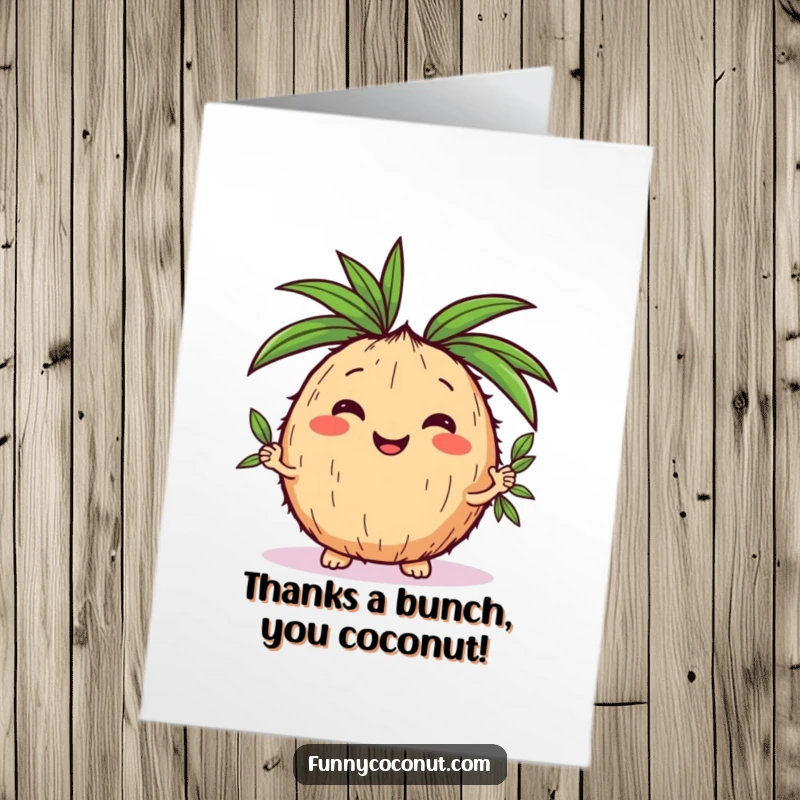 Funny Free Printable Thank You Card: Adorable kawaii coconut juggling leaves, expressing sincere thanks with a cheerful, bubbly personality.