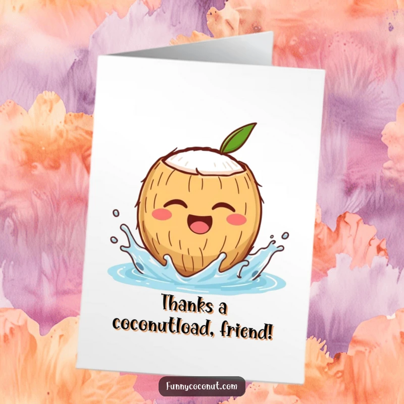 Funny Free Printable thank you card with a winking coconut character splashing water, conveying thanks with a humorous and cheerful vibe.
