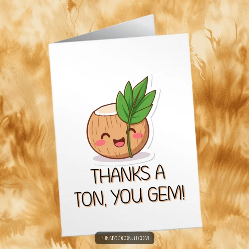 Funny Free Printable Thank You Card: Laughing Coconut Peeking with Tropical Leaf